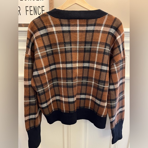 Brown, black, cream plaid cardigan. Size Large. - Picture 2 of 4
